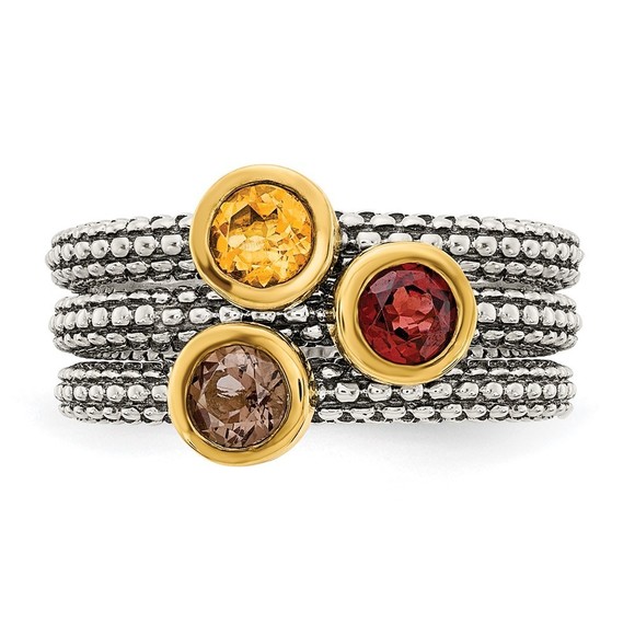 925 SS Gold-plated Antiqued Garnet Citrine Smoky Quartz 3 Stackable Rings - Picture 5 of 6
